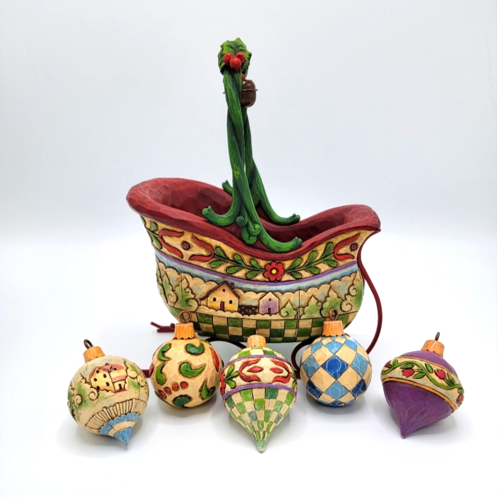 Jim Shore Christmas Sleigh Bells Ring 5 Hanging Ornaments 2007 Heartwood Creek